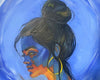 A colorful portrait painting of a woman in profile with dark hair in a bun, blue skin, and gold hoop earrings, set against a swirling blue background.