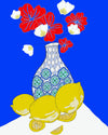 Decorative illustration art print of a blue mosaic vase with red and white flowers and lemons on a blue and white background.