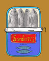 Illustration art print of a can of sardines with sardines inside the tin on a brown background