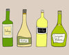 Illustration of four wine bottles with labels on a beige background