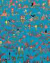 Patterned fabric with mermaids and underwater scenes on a blue background